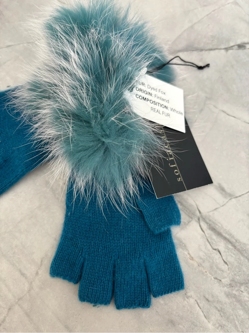 Sofia Cashmere Teal Fingerless Gloves with Teal & White Fox Fur Pom